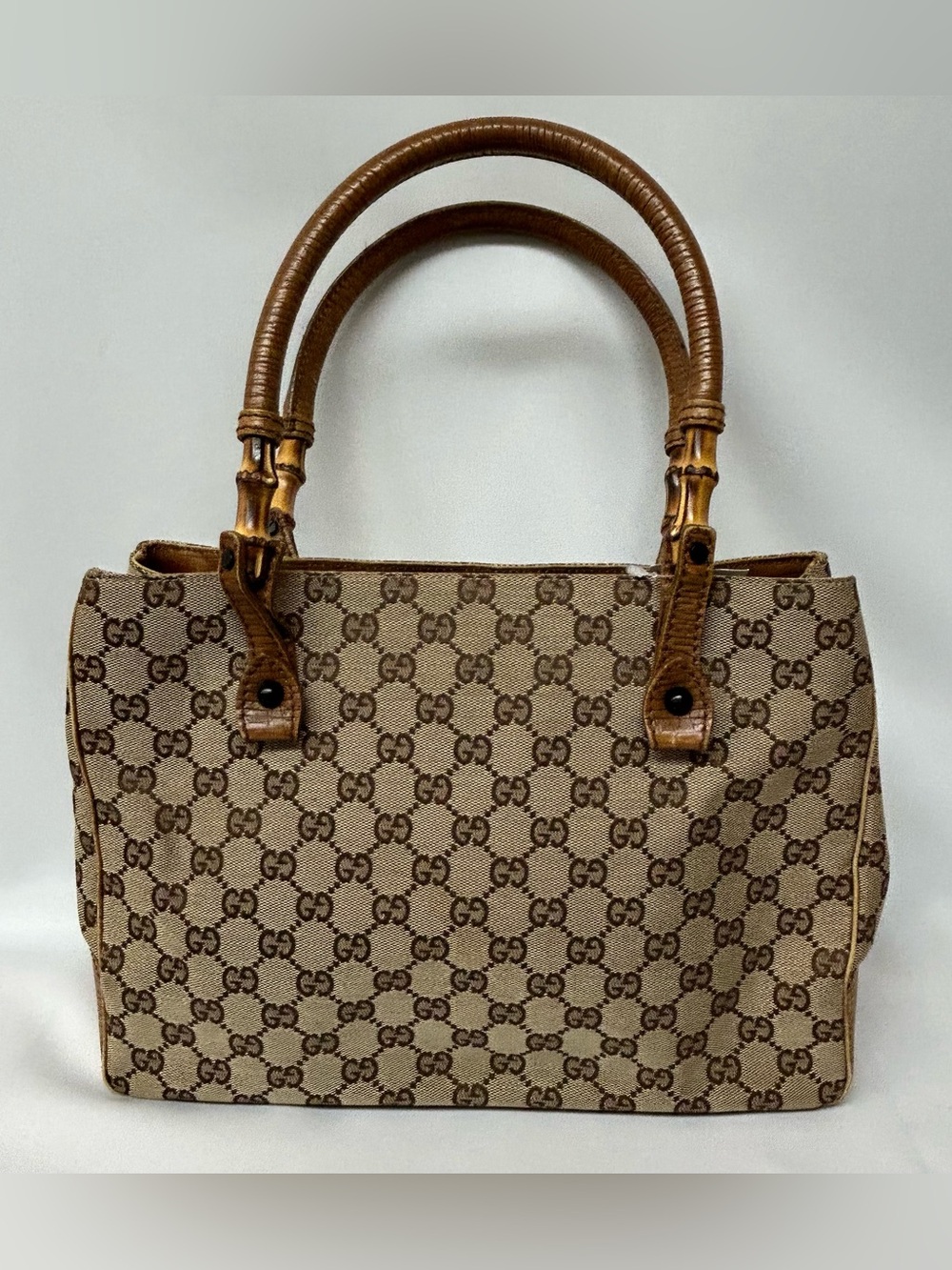 Gucci Tan/Brown GG Canvas Handbag with Bamboo Handles